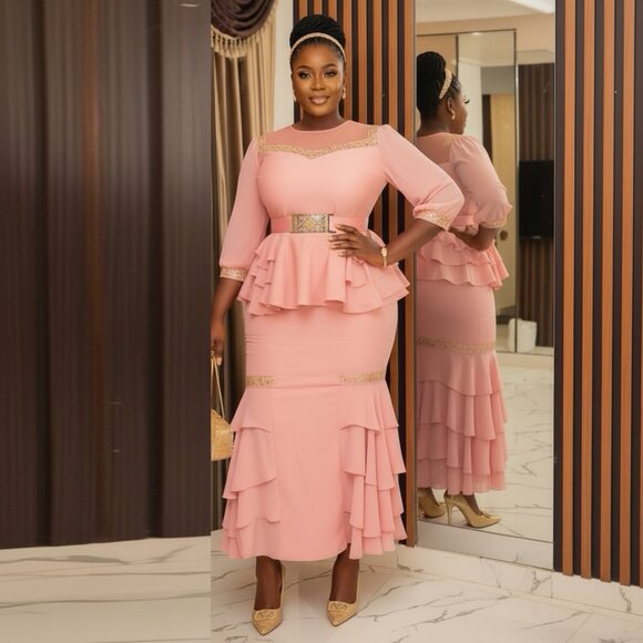 Blush Pink Tiered Peplum Gown - Picture 2 of 2